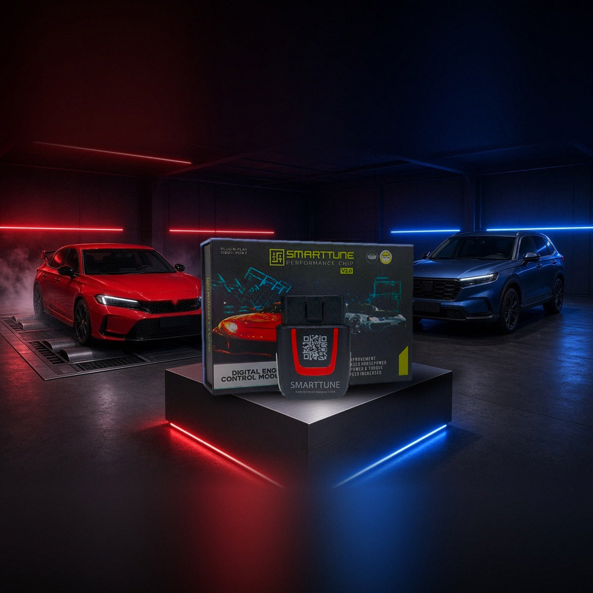 Stage 2 SmartTune performance chip on a pedestal with a Honda Civic Type R, Accord and CR-V in a dyno shop