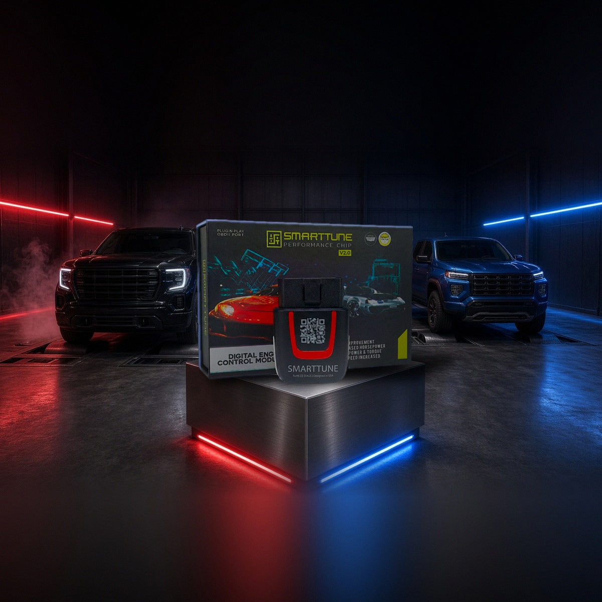 Stage 2 SmartTune performance chip on a pedestal with a GMC Sierra, Yukon and Canyon in a dyno shop