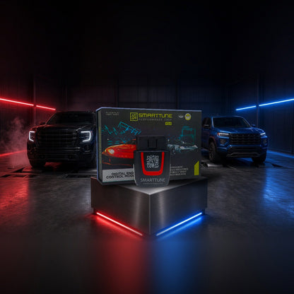 Stage 2 SmartTune performance chip on a pedestal with a GMC Sierra, Yukon and Canyon in a dyno shop