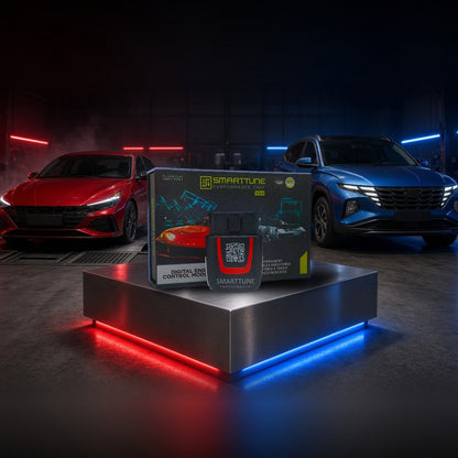 Stage 2 SmartTune performance chip on a pedestal with a Hyundai Elantra N and Tucson in a dyno shop
