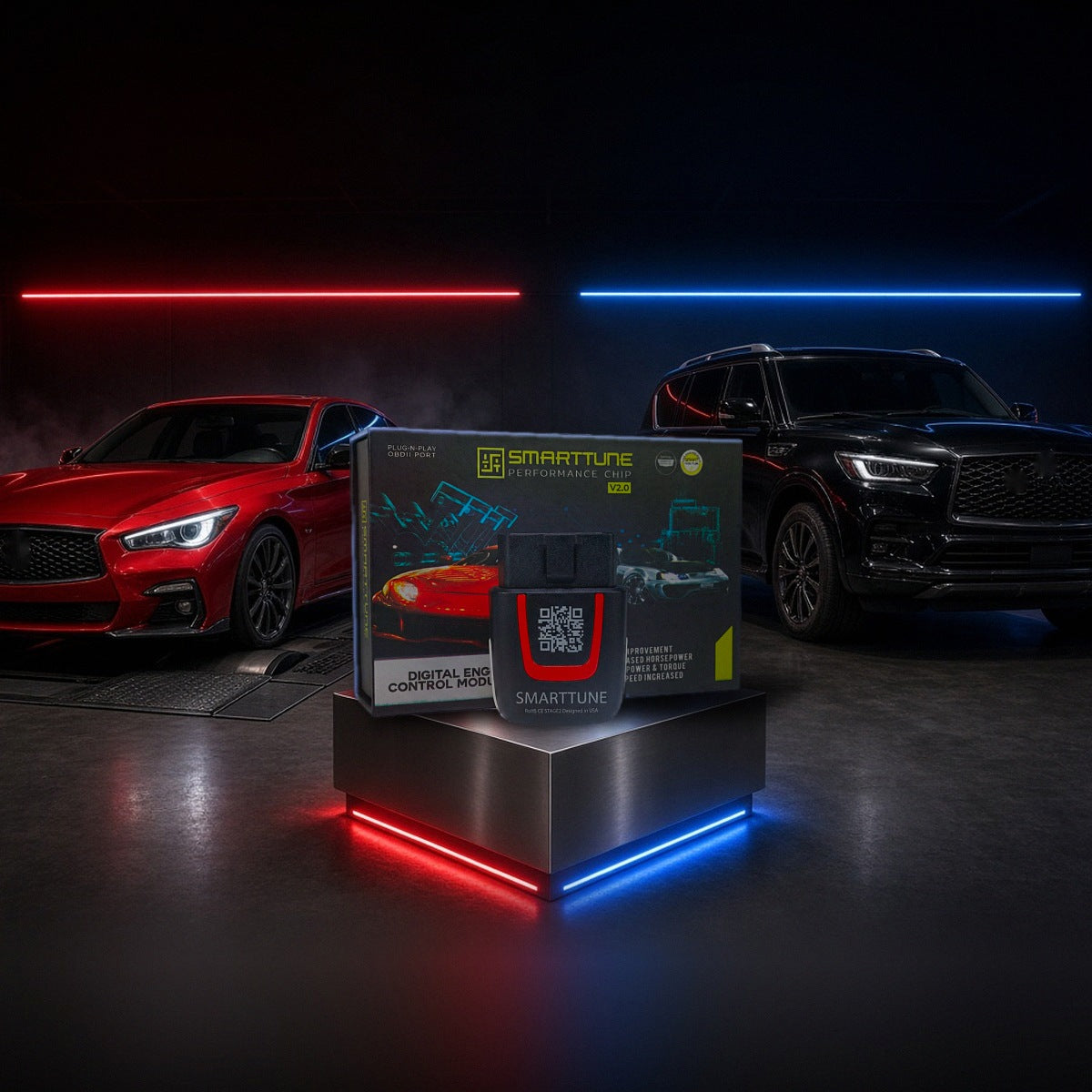 Stage 2 SmartTune performance chip on a pedestal with an Infiniti Q50 and QX80 in a dyno shop