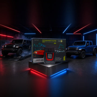 Stage 2 SmartTune performance chip on a pedestal with a Jeep Wrangler, Grand Cherokee and Gladiator in a dyno shop