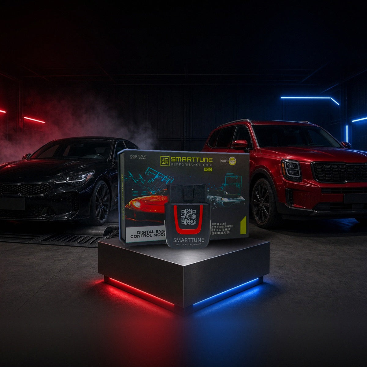 Stage 2 SmartTune performance chip on a pedestal with a Kia Stinger and Telluride in a dyno shop
