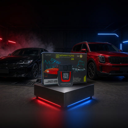 Stage 2 SmartTune performance chip on a pedestal with a Kia Stinger and Telluride in a dyno shop