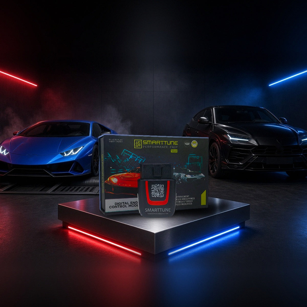 Stage 2 SmartTune performance chip on a pedestal with a Lamborghini Huracan and Urus in a dyno shop