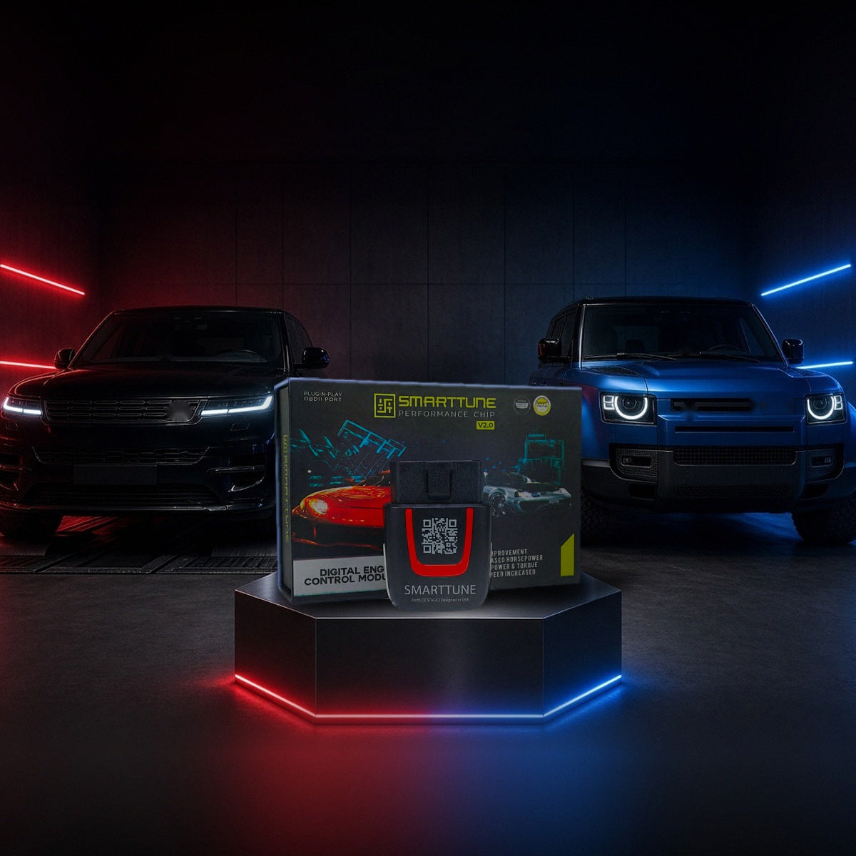 Stage 2 SmartTune performance chip on a pedestal with a Range Rover Sport and Land Rover Defender in a dyno shop