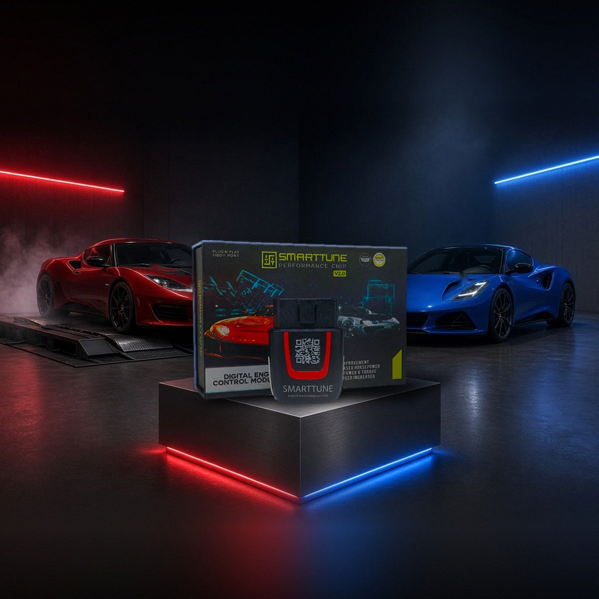 Stage 2 SmartTune performance chip on a pedestal with a Lotus Evora and Emira in a dyno shop