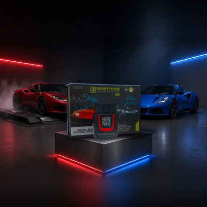 Stage 2 SmartTune performance chip on a pedestal with a Lotus Evora and Emira in a dyno shop