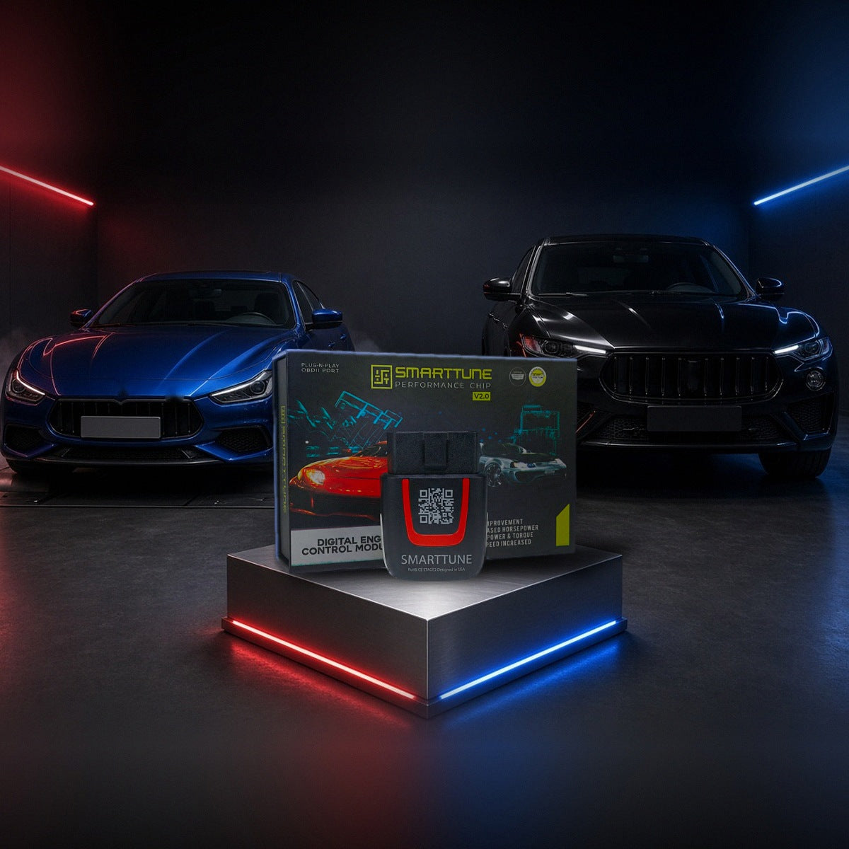 Stage 2 SmartTune performance chip on a pedestal with a Maserati Ghibli and Levante in a dyno shop