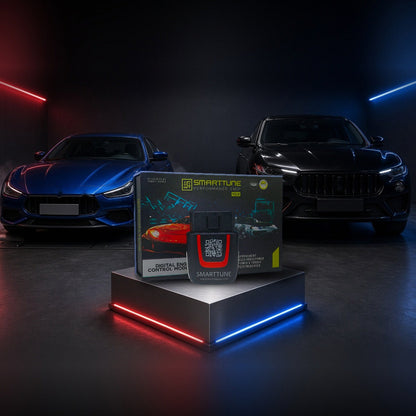 Stage 2 SmartTune performance chip on a pedestal with a Maserati Ghibli and Levante in a dyno shop
