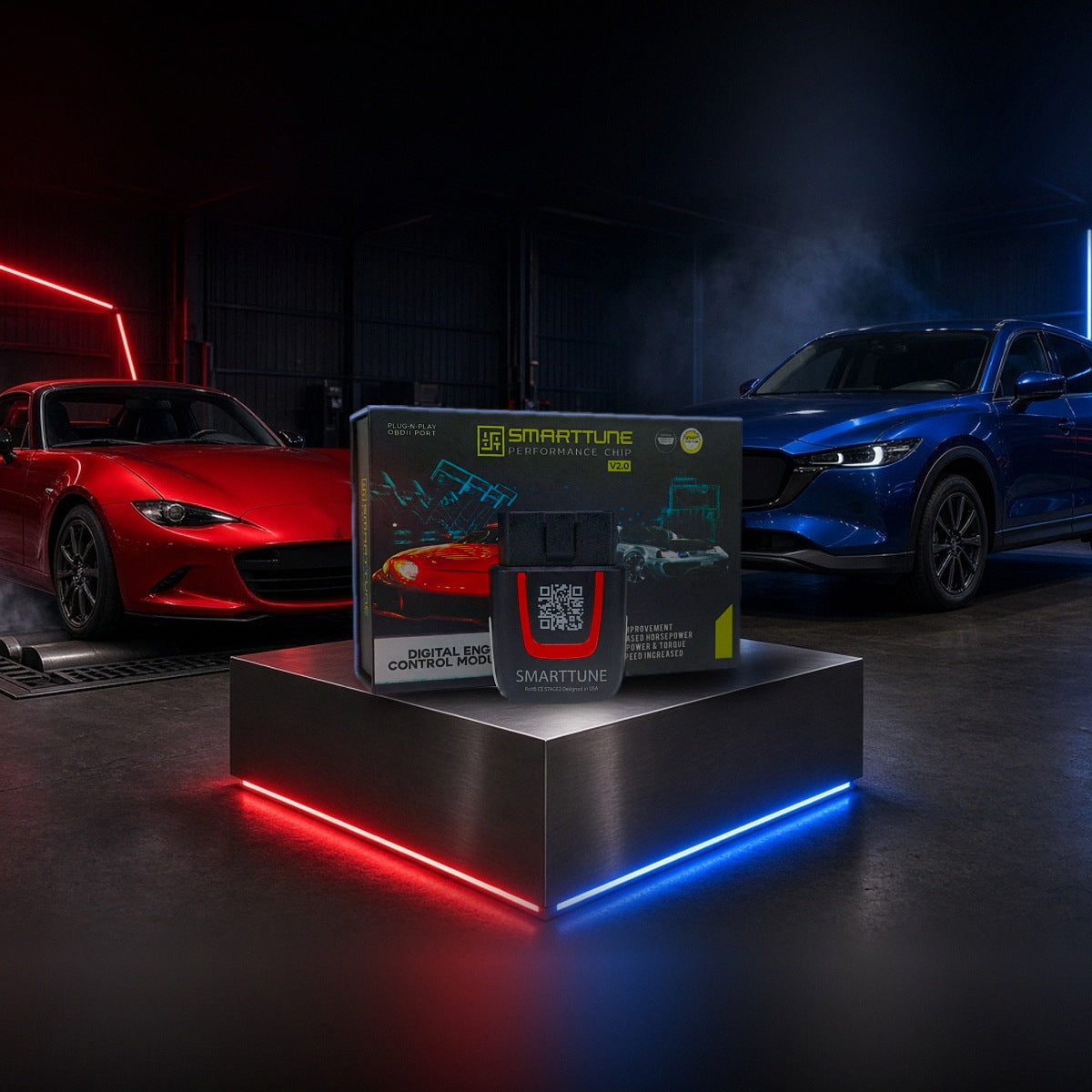 Stage 2 SmartTune performance chip on a pedestal with a Mazda MX-5 Miata and CX-5 in a dyno shop
