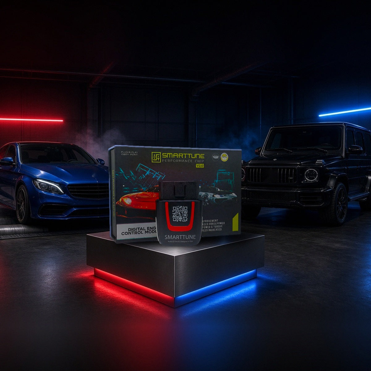 Stage 2 SmartTune performance chip on a pedestal with a Mercedes-AMG C63, E-Class and G-Class in a dyno shop