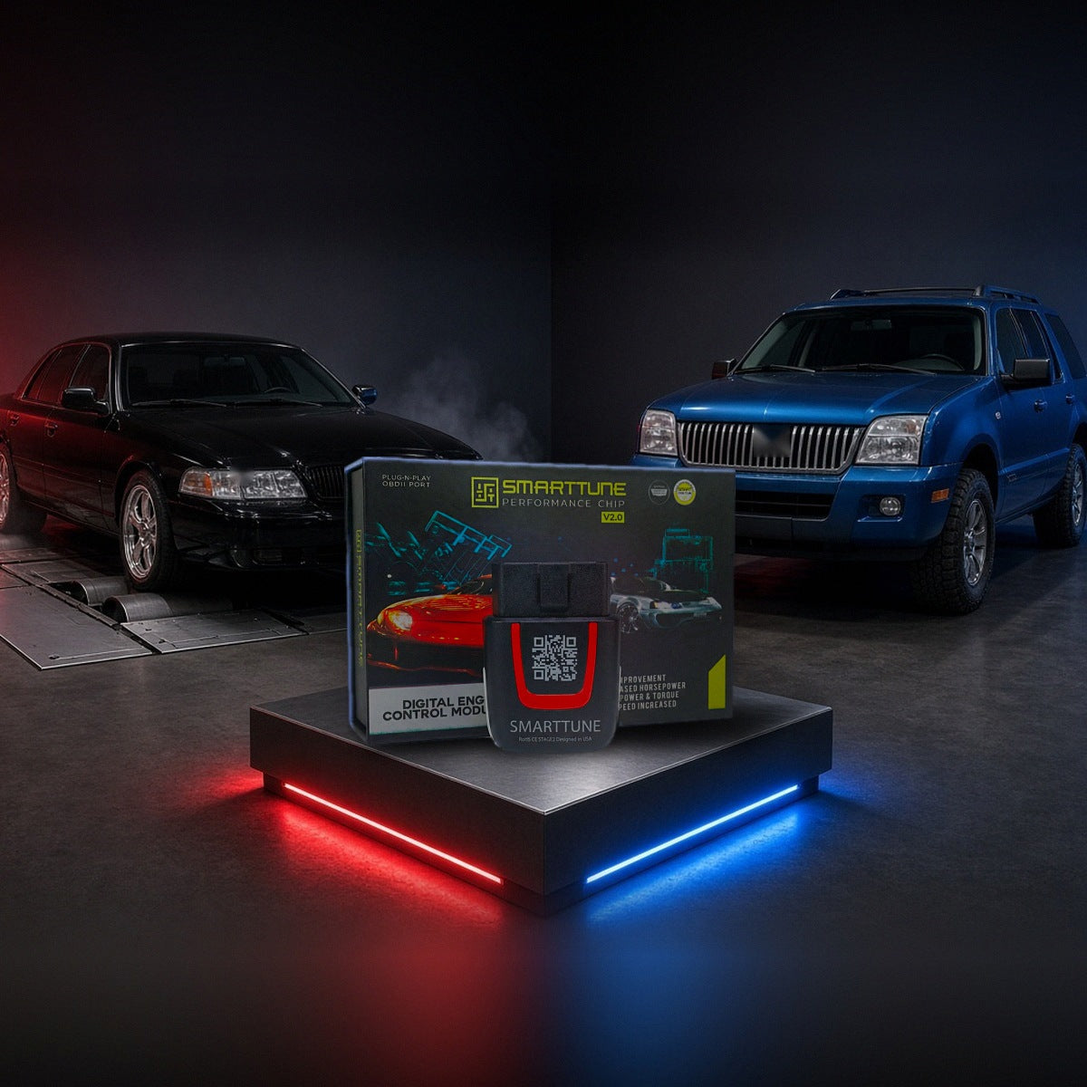Stage 2 SmartTune performance chip on a pedestal with a Mercury Marauder and Mountaineer in a dyno shop