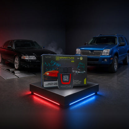 Stage 2 SmartTune performance chip on a pedestal with a Mercury Marauder and Mountaineer in a dyno shop