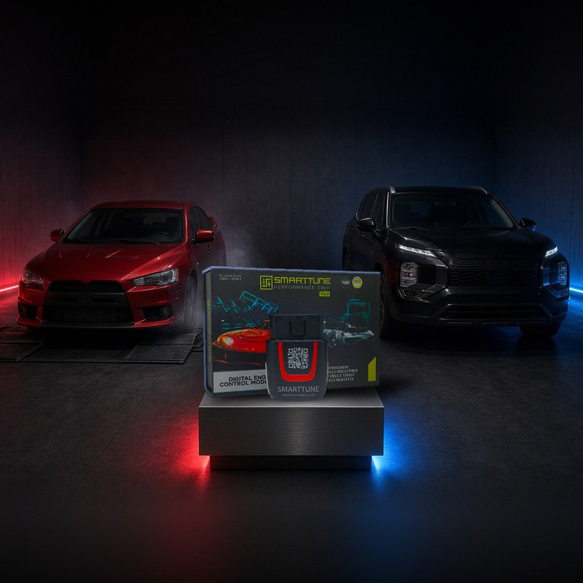 Stage 2 SmartTune performance chip on a pedestal with a Mitsubishi Lancer Evolution and Outlander in a dyno shop