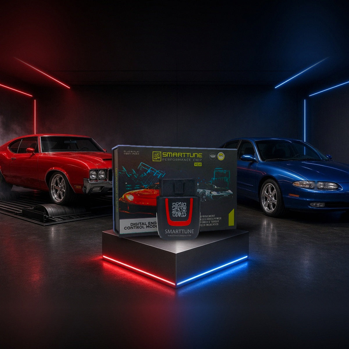 Stage 2 SmartTune performance chip on a pedestal with an Oldsmobile 442 and Aurora in a dyno shop