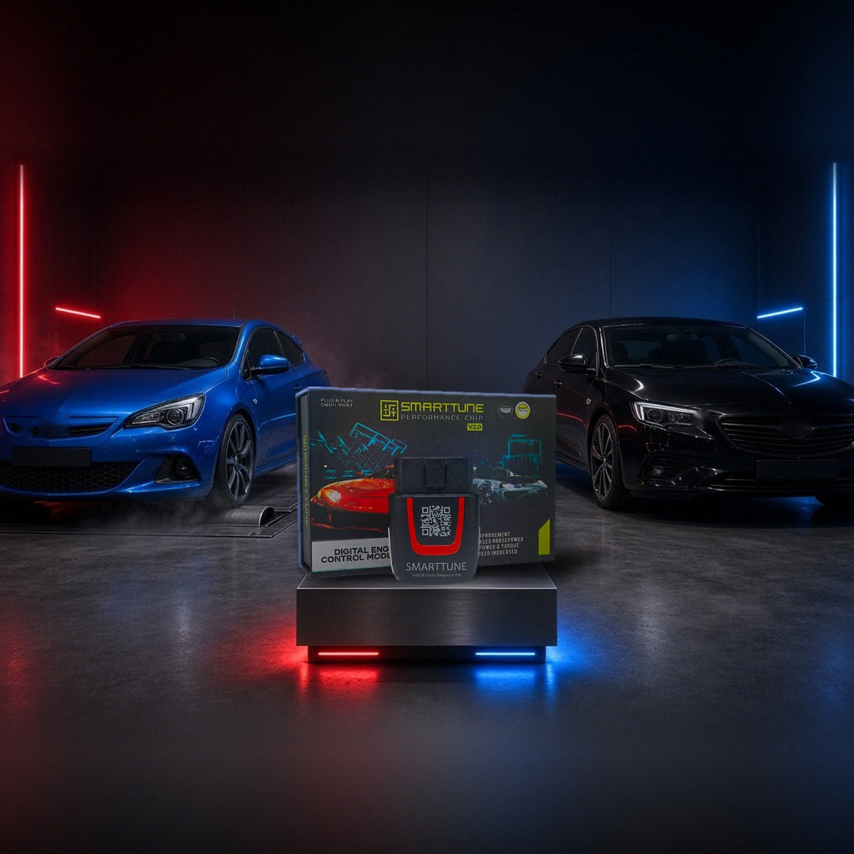Stage 2 SmartTune performance chip on a pedestal with an Opel Astra OPC and Insignia in a dyno shop
