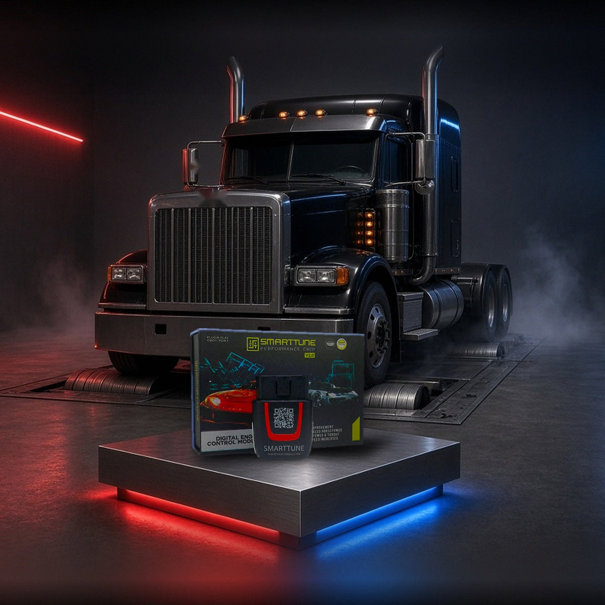 Stage 2 SmartTune performance chip on a pedestal with a Peterbilt 389 semi truck in a dyno shop