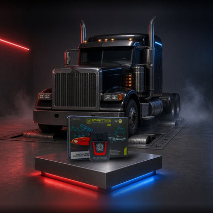 Stage 2 SmartTune performance chip on a pedestal with a Peterbilt 389 semi truck in a dyno shop