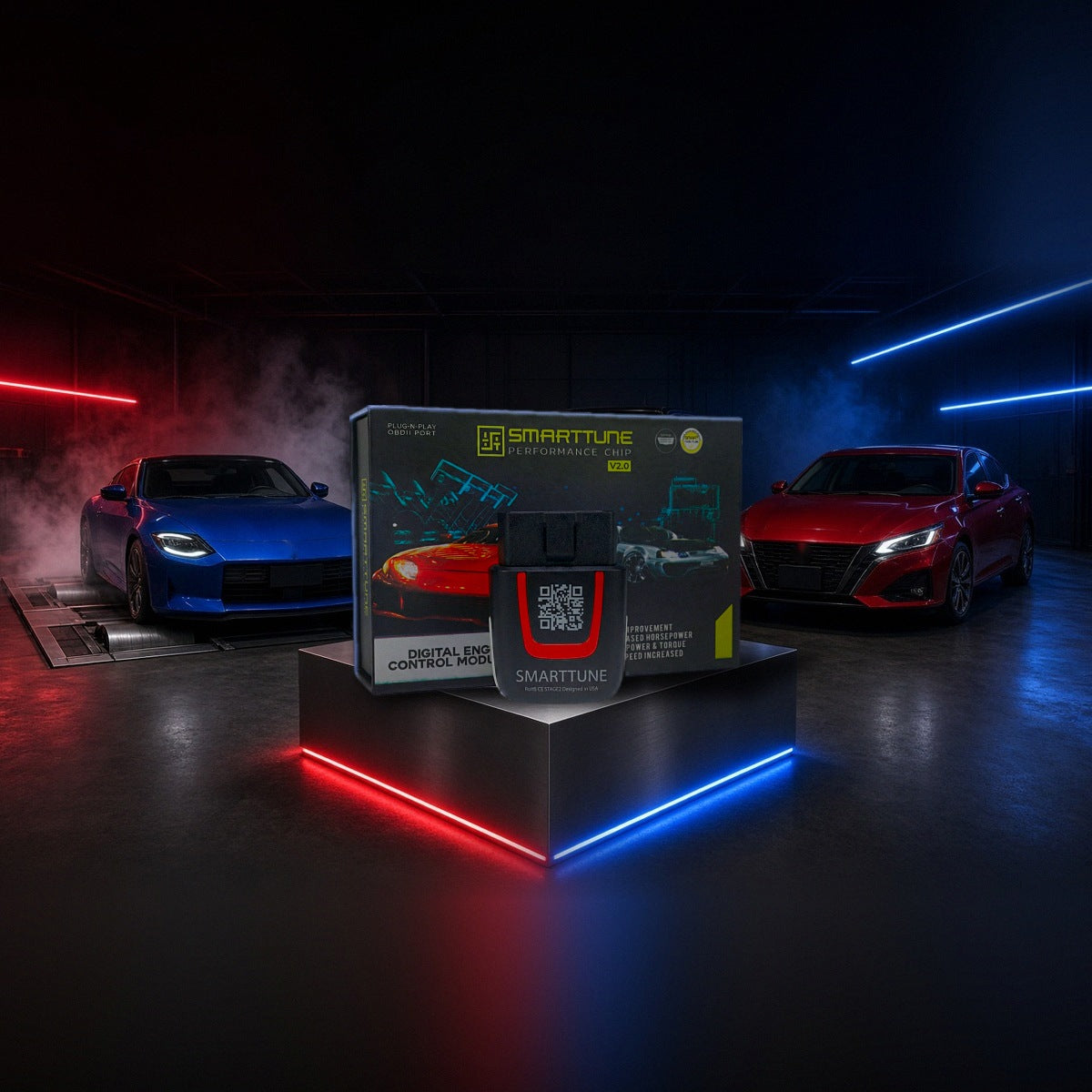 Stage 2 SmartTune performance chip on a pedestal with a Nissan Z, Frontier and Altima in a dyno shop