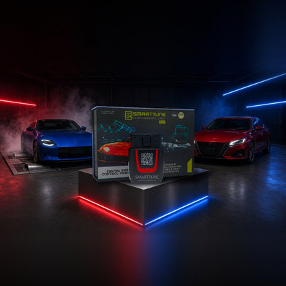 Stage 2 SmartTune performance chip on a pedestal with a Nissan Z, Frontier and Altima in a dyno shop
