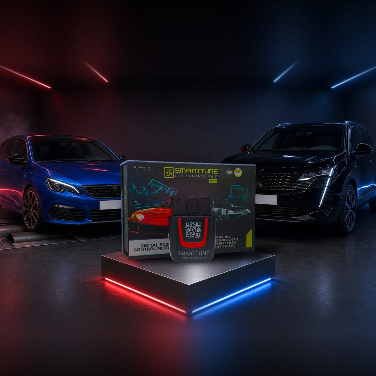 Stage 2 SmartTune performance chip on a pedestal with a Peugeot 308 and 3008 in a dyno shop