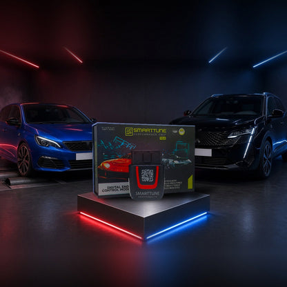 Stage 2 SmartTune performance chip on a pedestal with a Peugeot 308 and 3008 in a dyno shop