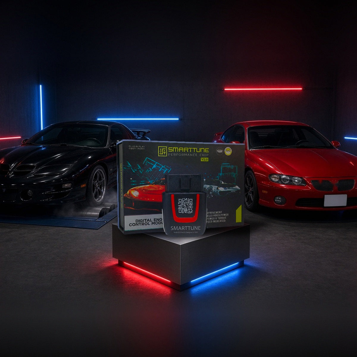 Stage 2 SmartTune performance chip on a pedestal with a Pontiac Firebird Trans Am and GTO in a dyno shop