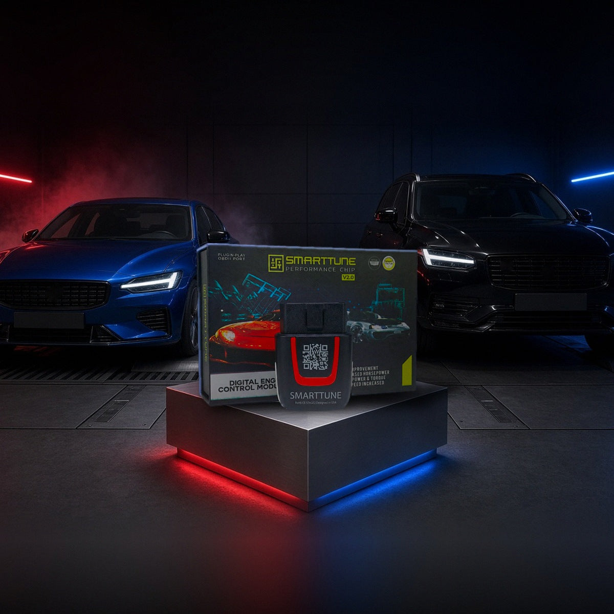 Stage 2 SmartTune performance chip on a pedestal with a Volvo S60 and XC90 in a dyno shop