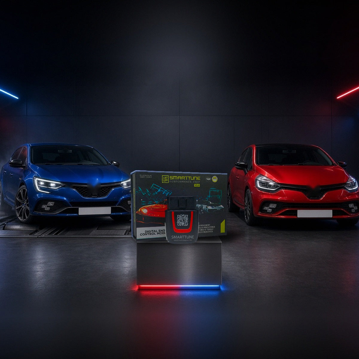 Stage 2 SmartTune performance chip on a pedestal with a Renault Megane and Clio in a dyno shop
