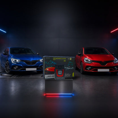 Stage 2 SmartTune performance chip on a pedestal with a Renault Megane and Clio in a dyno shop