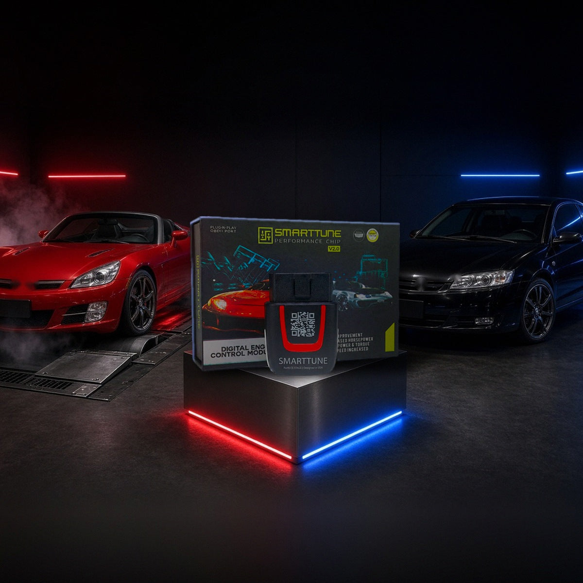 Stage 2 SmartTune performance chip on a pedestal with a Saturn Sky Red Line and Ion Red Line in a dyno shop