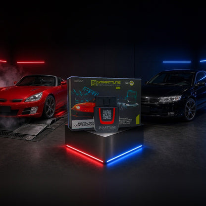 Stage 2 SmartTune performance chip on a pedestal with a Saturn Sky Red Line and Ion Red Line in a dyno shop