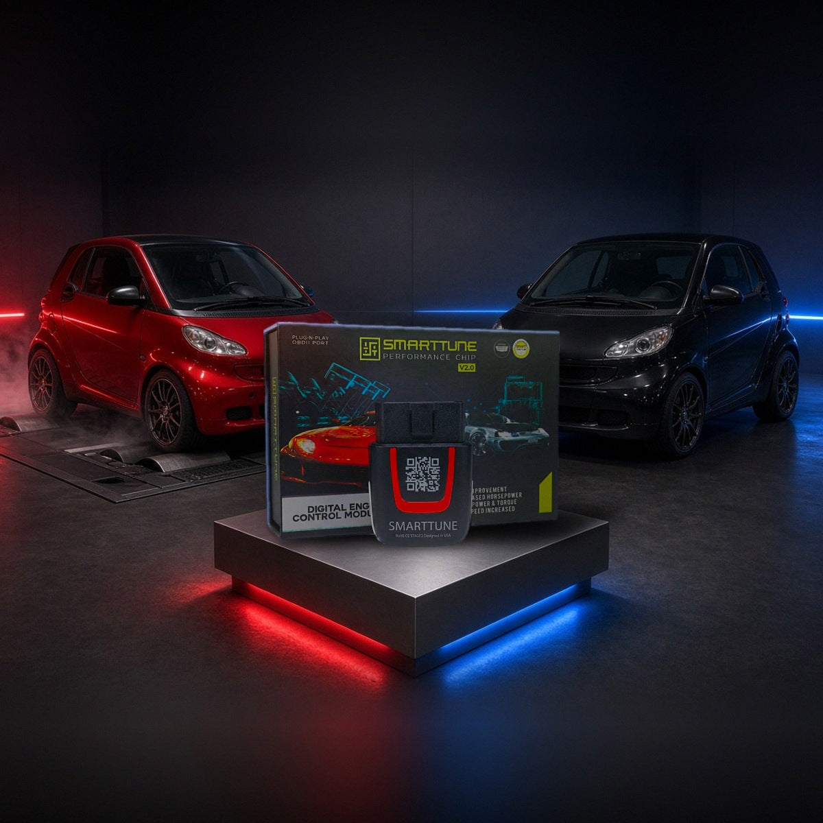 Stage 2 SmartTune performance chip on a pedestal with a Smart Fortwo in a dyno shop