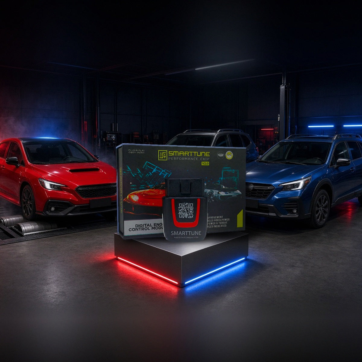 Stage 2 SmartTune performance chip on a pedestal with a Subaru WRX, Forester and Outback in a dyno shop