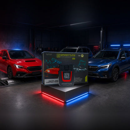 Stage 2 SmartTune performance chip on a pedestal with a Subaru WRX, Forester and Outback in a dyno shop
