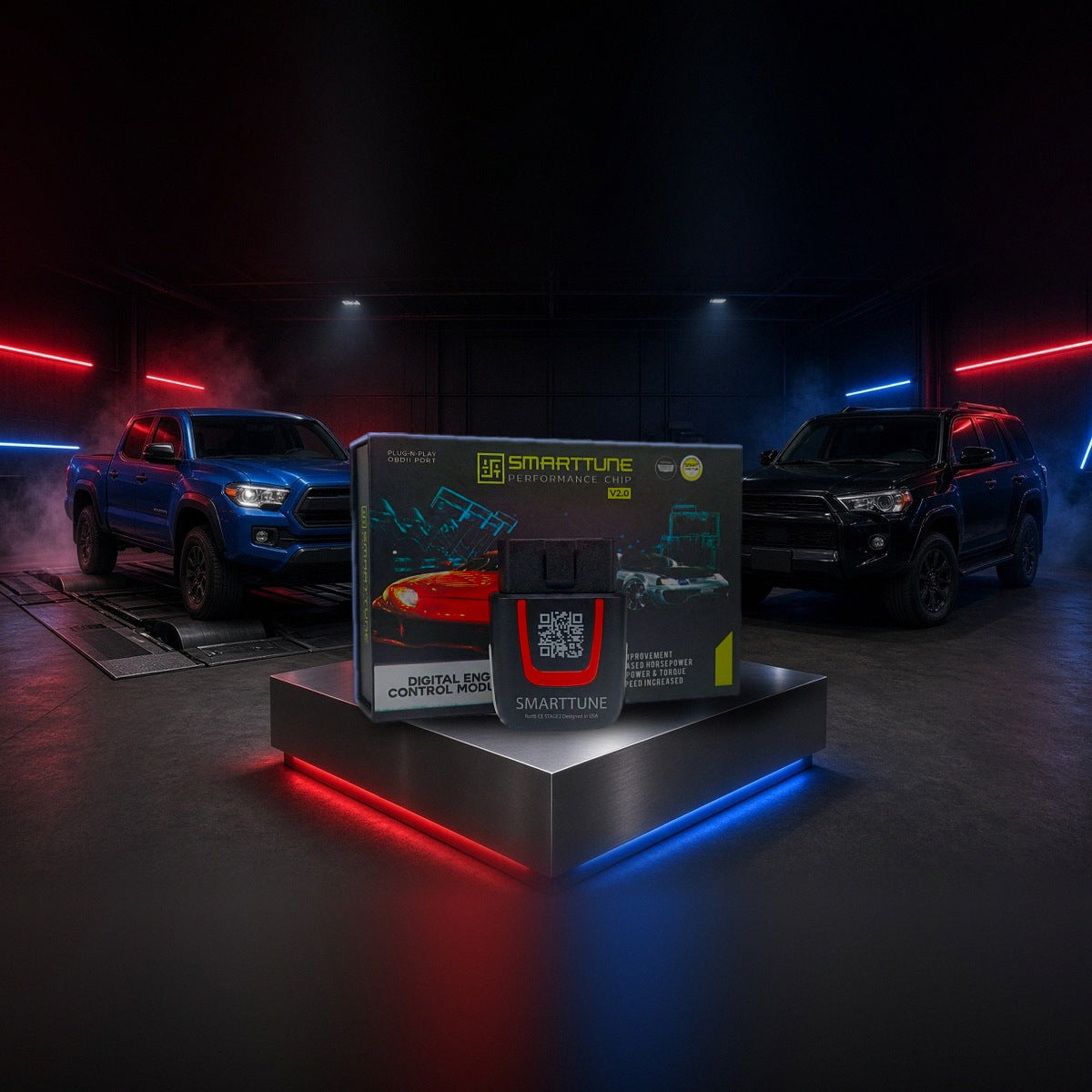 Stage 2 SmartTune performance chip on a pedestal with a Toyota Tacoma, Camry and 4Runner in a dyno shop