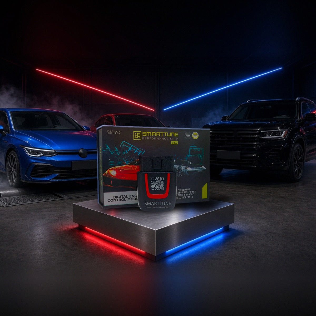 Stage 2 SmartTune performance chip on a pedestal with a Volkswagen GTI, Jetta and Atlas in a dyno shop