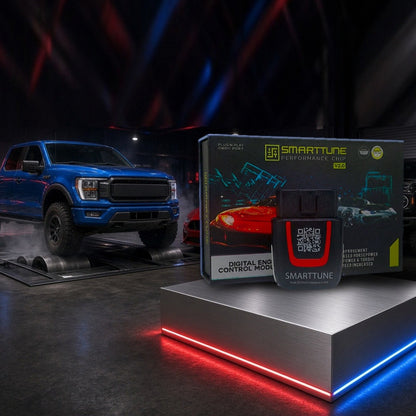 Stage 2 SmartTune performance chip on a pedestal with a Ford F-150, Mustang and Bronco in a dyno shop