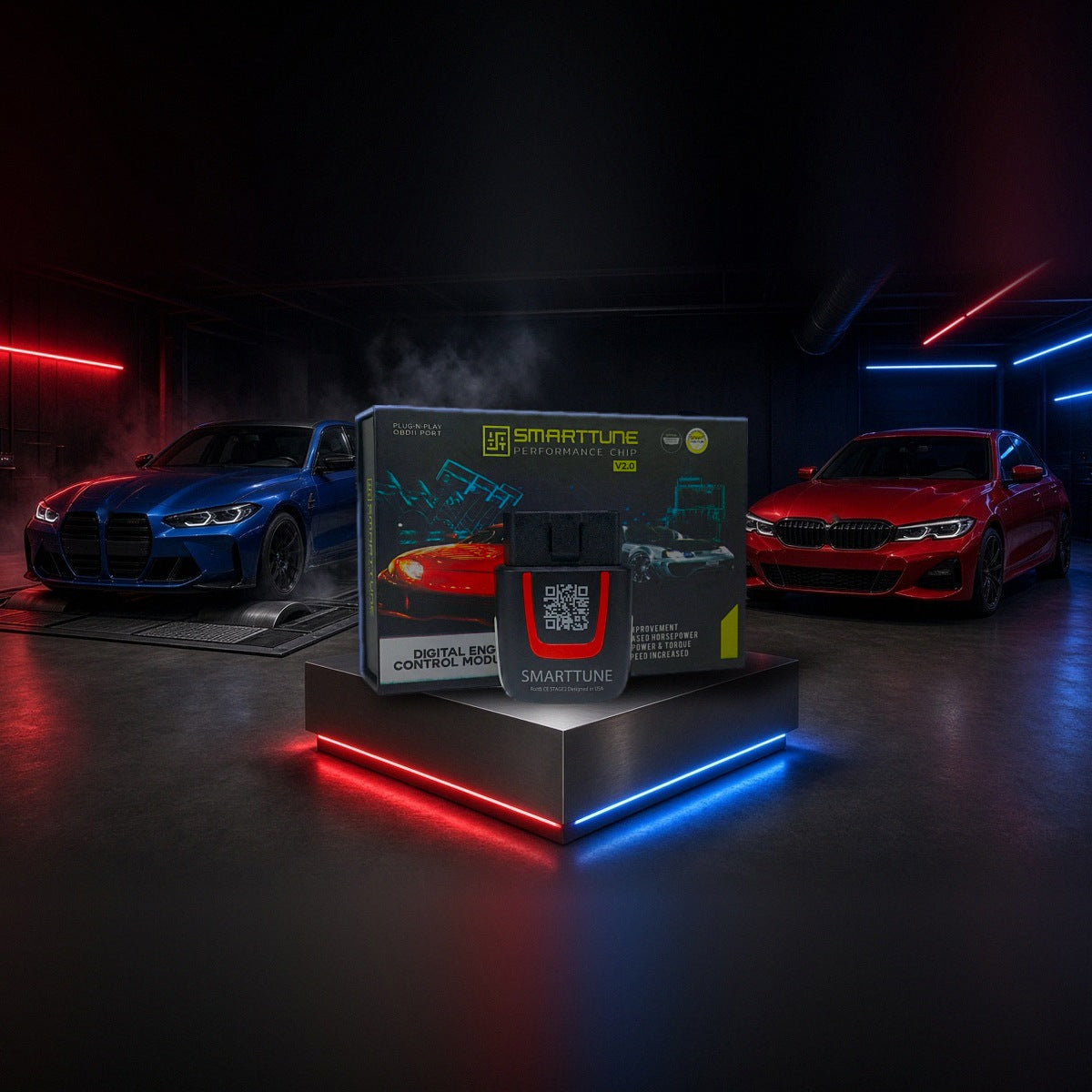 Stage 2 SmartTune performance chip on a pedestal with a BMW M3, X5 and 3 Series in a dyno shop