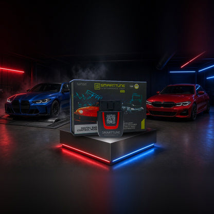 Stage 2 SmartTune performance chip on a pedestal with a BMW M3, X5 and 3 Series in a dyno shop