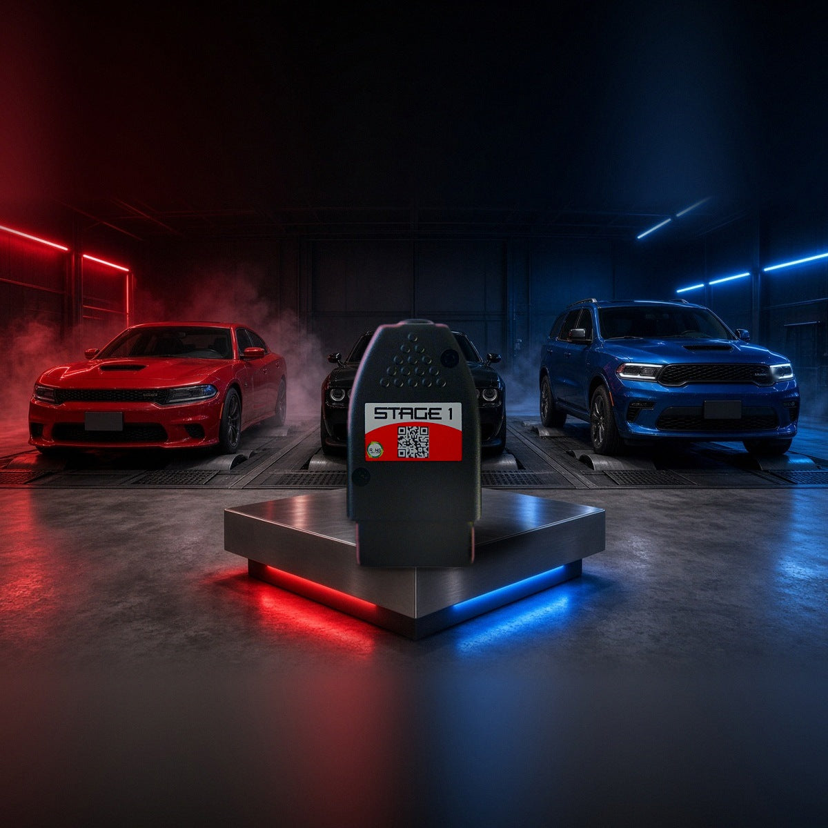 Stage 1 performance chip on a pedestal with a Dodge Charger, Challenger and Durango in a dyno shop
