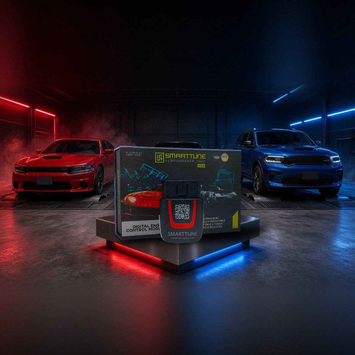 Stage 2 SmartTune performance chip on a pedestal with a Dodge Charger, Challenger and Durango in a dyno shop