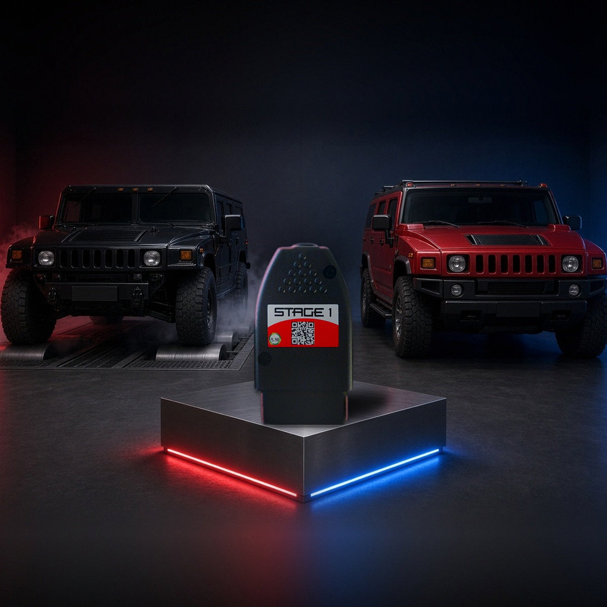 Stage 1 performance chip on a pedestal with a Hummer H1 and H2 in a dyno shop