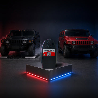 Stage 1 performance chip on a pedestal with a Hummer H1 and H2 in a dyno shop