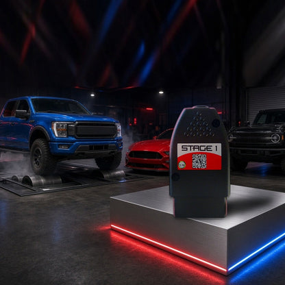 Stage 1 performance chip on a pedestal with a Ford F-150, Mustang and Bronco in a dyno shop