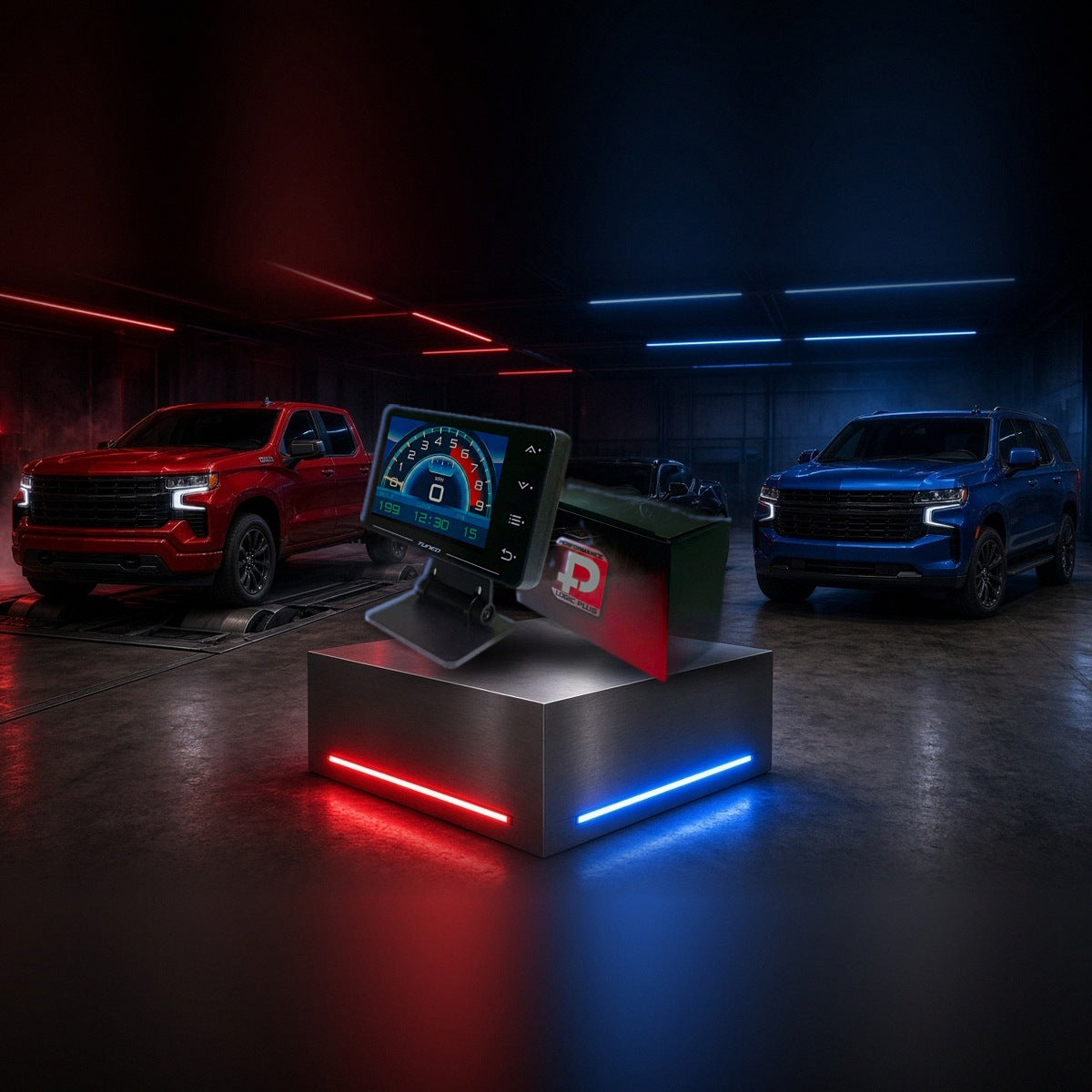 Stage 4 performance tuner and OBD2 monitor on a pedestal with a Chevrolet Silverado, Camaro and Tahoe in a dyno shop