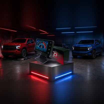 Stage 4 performance tuner and OBD2 monitor on a pedestal with a Chevrolet Silverado, Camaro and Tahoe in a dyno shop