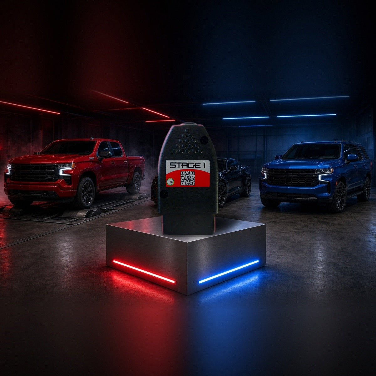 Stage 1 performance chip on a pedestal with a Chevrolet Silverado, Camaro and Tahoe in a dyno shop