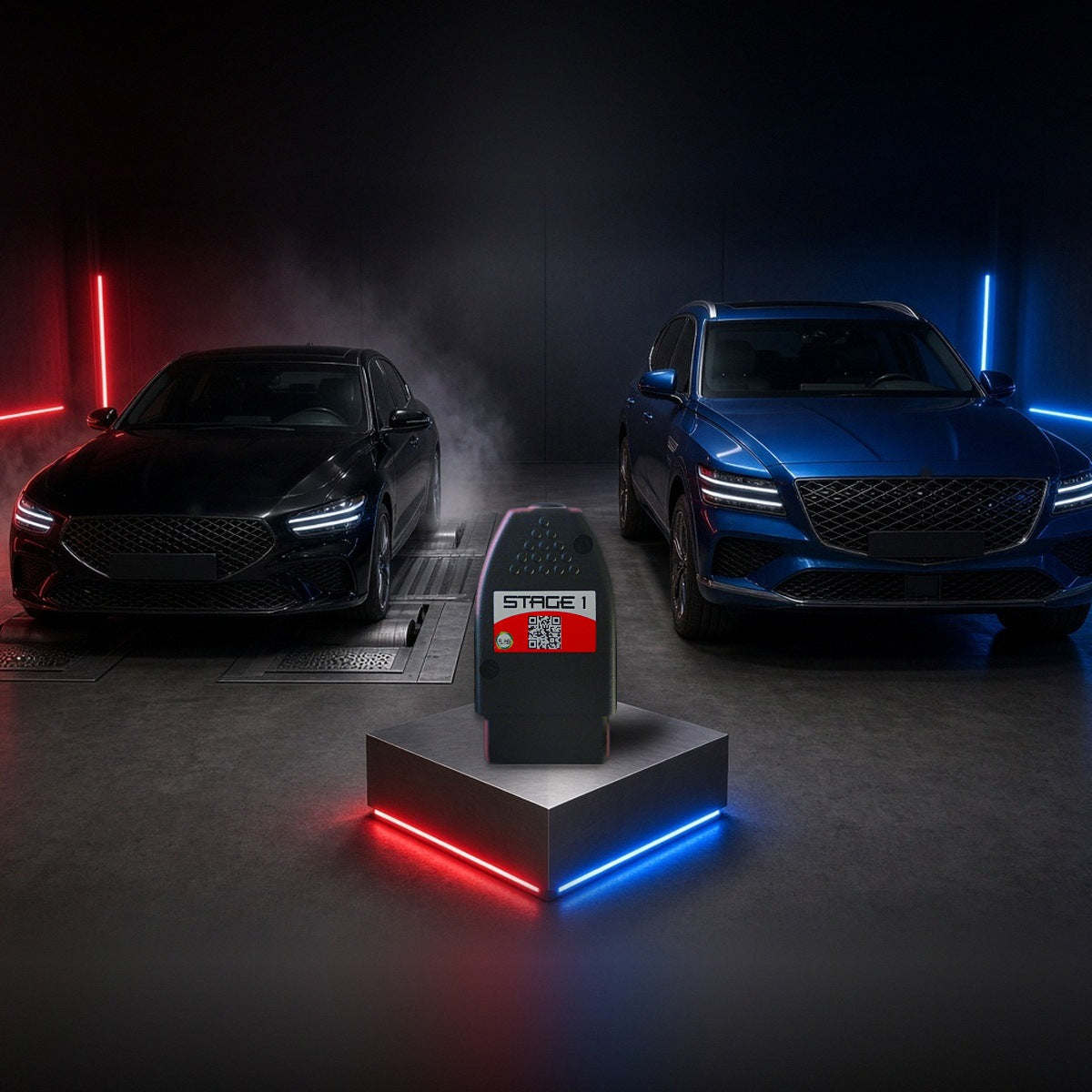 Stage 1 performance chip on a pedestal with a Genesis G70 and GV80 in a dyno shop